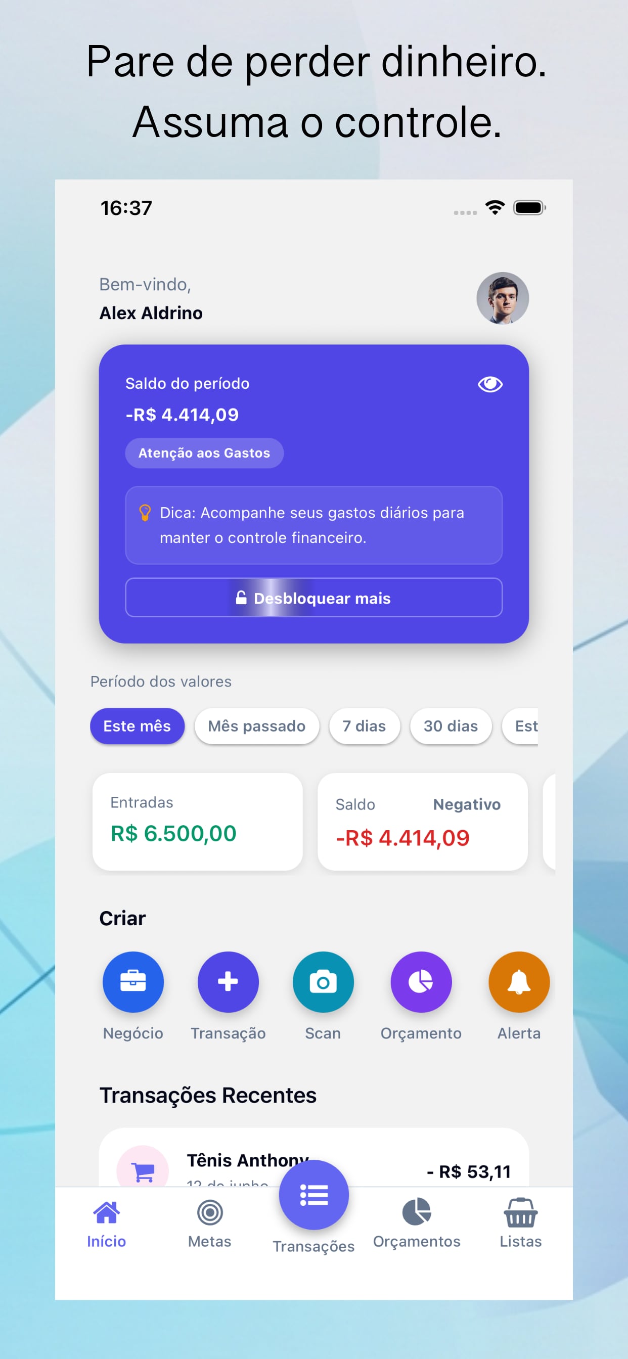 Tela inicial do Moneyzin com saldo do período, ações rápidas e transações recentes