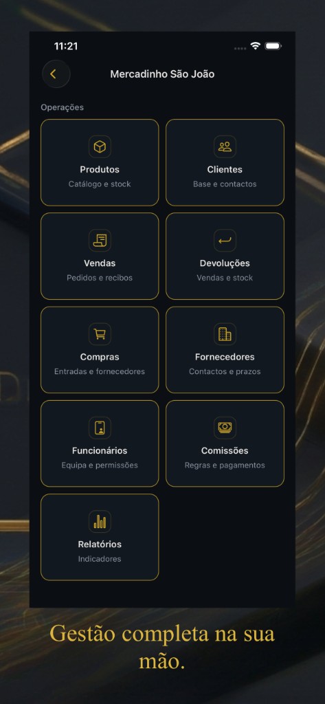 Menu de operações do Gold Business com produtos, clientes, vendas e mais