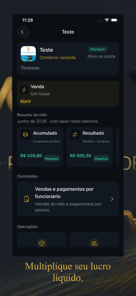 Resumo do mês Gold Business com acumulado e resultado positivos