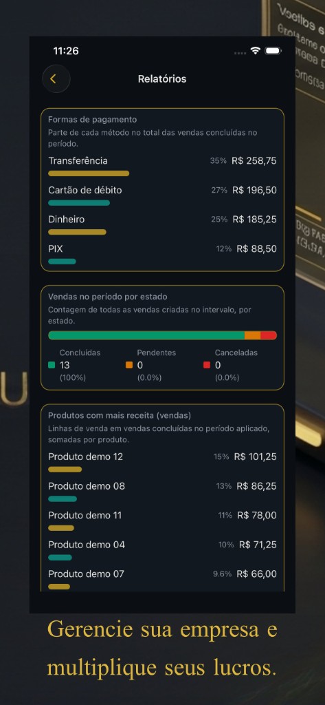 Relatórios por forma de pagamento e status das vendas no Gold Business