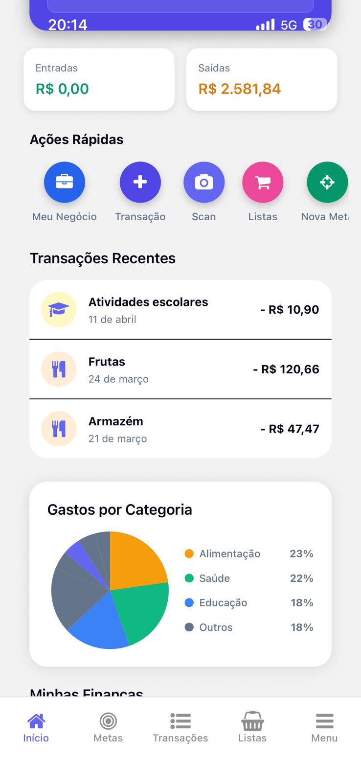 Captura de tela do Moneyzin mostrando visão geral com ações rápidas, transações recentes e gastos por categoria