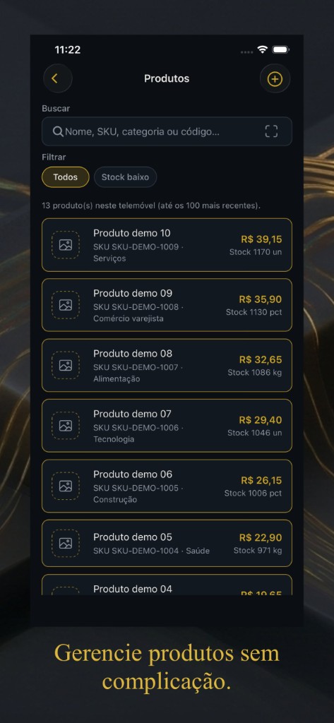 Lista de produtos e estoque no Gold Business